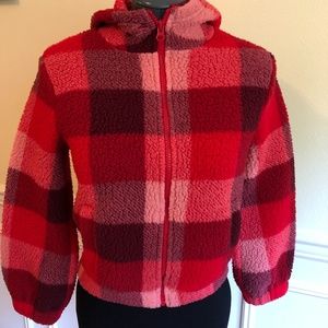 Old Navy Girls Cinched Pink Plaid Jacket Zip Hood